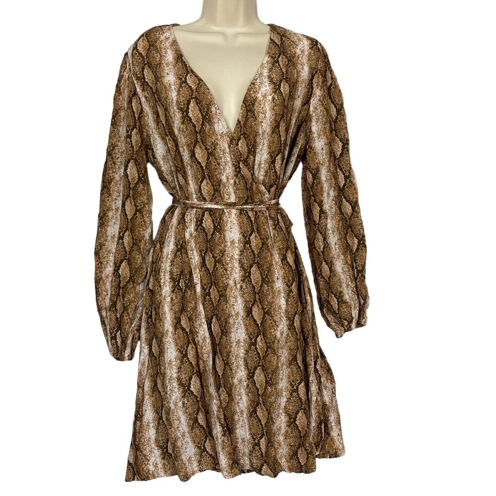 Forever 21 Wrap Dress 0X Womens Plus Animal Print Crepe Knee Length Brown NEW